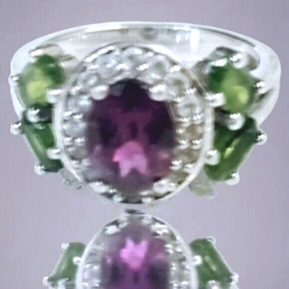 STERLING SILVER RING RASPBERRY Rhodolite Chrome Diopside & Zircon Rhodium SZ 6 - Picture 2 of 11